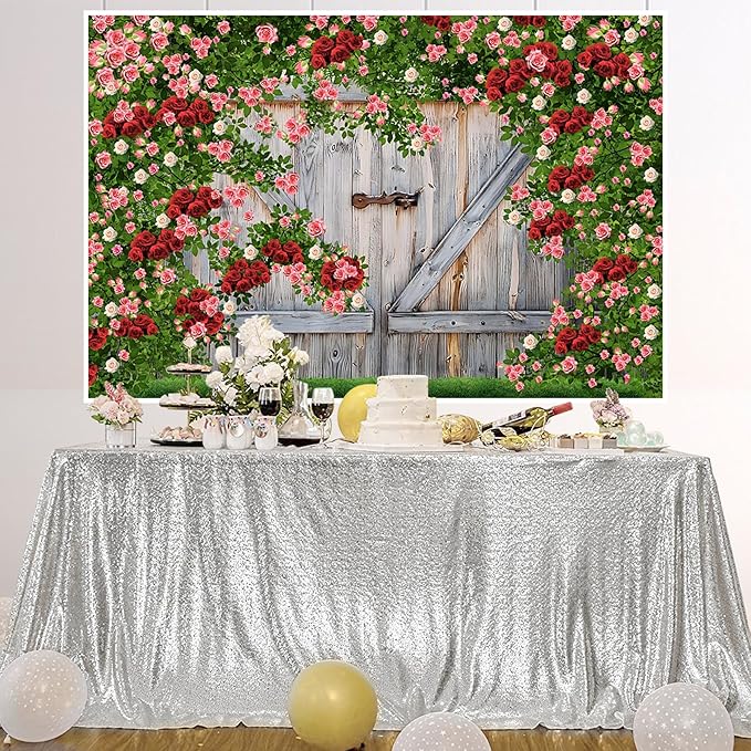 AOFOTO Barn Door Rose Backdrop Rustic Red Pink Beige Flowers Background Romantic Phtography Banner for Anniversary Wedding Decor Photo Studio Photobooth Props 10x7ft