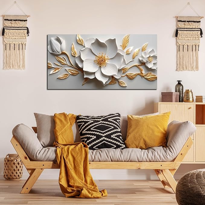 Canvas Wall Art for Living Room Bedroom Office White and Gold Flower Artwork Large Botanical Floral Wall Art Framed Wall Decor Modern Canvas Prints 20x40 In
