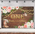 SVBright Cowgirl First Birthday Backdrop 5Wx3H Western Rustic Country Retro Wooden Plank Pink Flower Happy Birthday Baby Shower Wood Hat Decorations Photography Background Banner Photo Booth Studio
