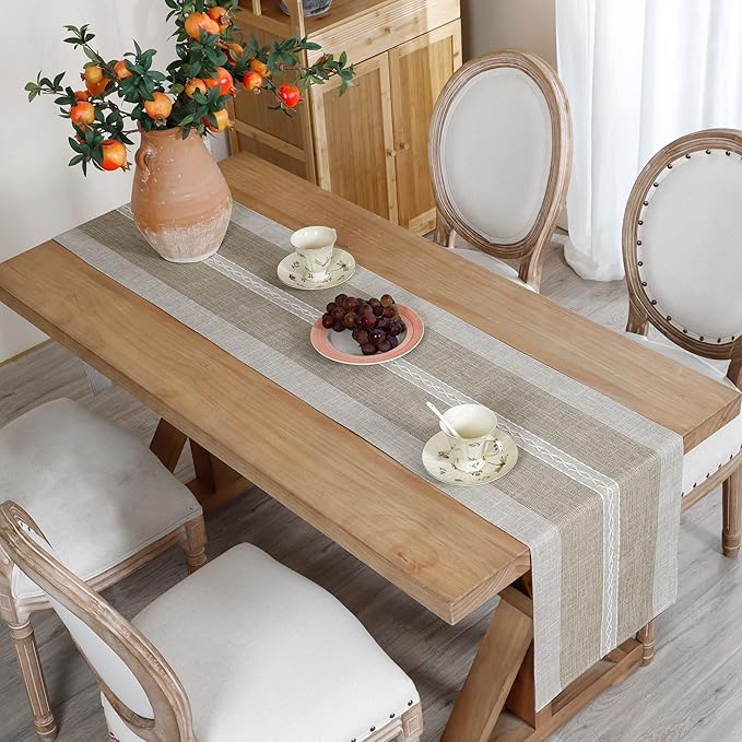 Farmhouse Braided Striped Table Runner Rustic Embroidery Coffee Table Runners for Decorations Weddings Holiday Brown 13x90inch