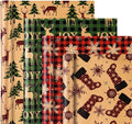Christmas Wrapping Paper, Holiday Kraft Gift Paper (4 Rolls: 148 sq. ft. ttl) - Red/Green and Black Plaid Grid Patterns, Stockings Snowflakes Pine Tree and Reindeer - 30 inches x 14.8 feet Per Roll