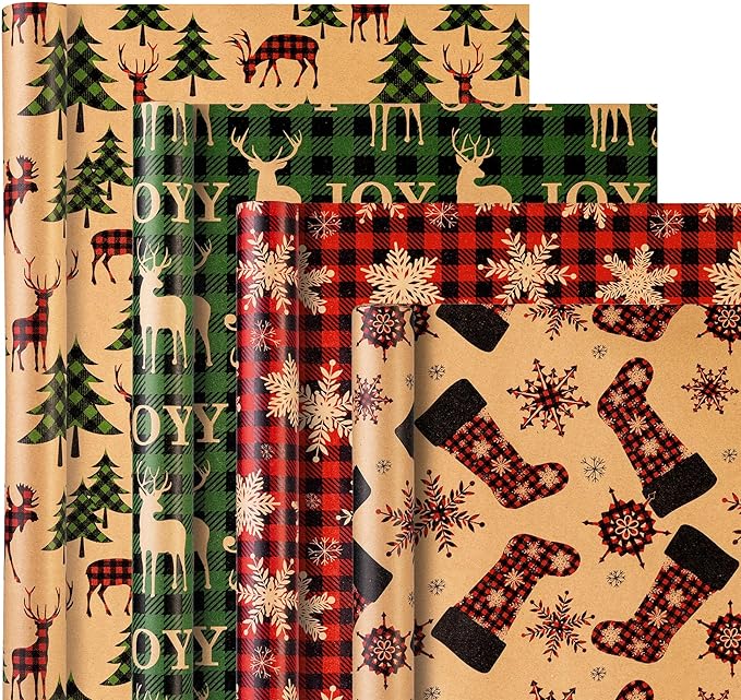 Christmas Wrapping Paper, Holiday Kraft Gift Paper (4 Rolls: 148 sq. ft. ttl) - Red/Green and Black Plaid Grid Patterns, Stockings Snowflakes Pine Tree and Reindeer - 30 inches x 14.8 feet Per Roll