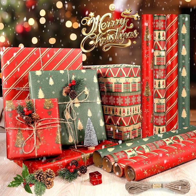Panigkids Christmas Wrapping Paper(Including Jute Twine), 4 Rolls vintage wrapping paper with Geometric Stripes, Tree & Snowflakes Designs for Christmas Gift Wrap, Thanksgiving & Holiday & Party , 16.9'' x 16.4'