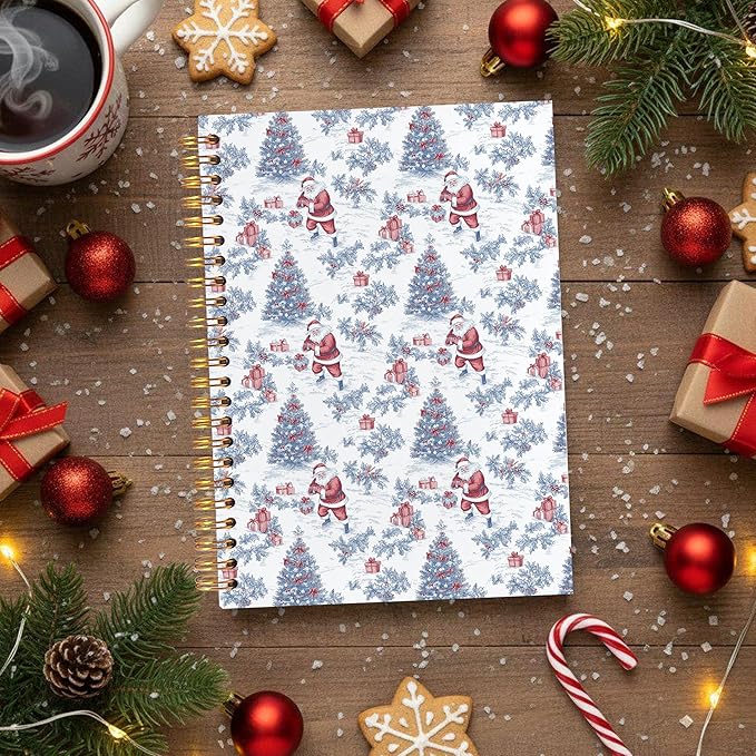 VIIJJUE Blue and White Chinoiserie Christmas Santa Notebook for Women, Vintage French Country Toile de Jouy Journal, Xmas Red Santa Holiday Hardcover Spiral Notebooks, 5.5x8.3 Inch-02