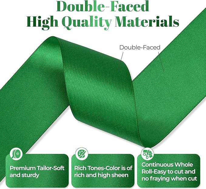 Green Satin Ribbon, Double Faced 2 Inch X 25 Yards Green Ribbon, Premium Satin Ribbon for Gift Wrapping, Crafts, Hair Bow Making, Sewing, Flower Bouquet, Wedding Party Decor