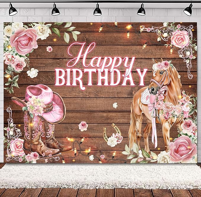 SVBright Cowgirl Birthday Backdrop for Women， Western Horse Barn Door，Pink Rose Flowers Farmhouse Rustic，Natural Wildflower Wood Boot Hat Decorations Photography Background Banner Photo Studio 7Wx5H