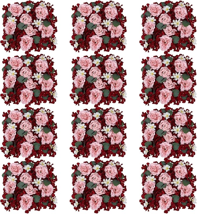 Pack of 12 Artificial Silk Flower Panels, Faux Floral Wall Background for Wedding Party Engagement Bridal Shower Arrangement Home Decorations - Burgundy & Dusty Pink