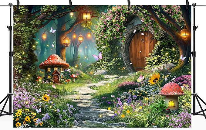 Riyidecor Fairy Backdrop Polyester Fabric Garden Butterfly Enchanted Wonderland Woodland Mushroom Floral Flower 8Wx6H Feet Nature Baby Shower Photography Background Birthday Photo Studio Shoot