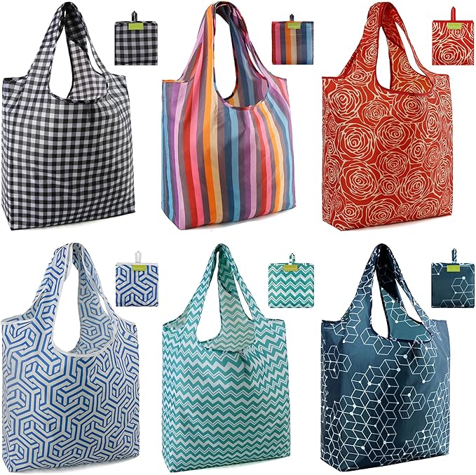 BeeGreen Reusable Grocery Bags 6 Pack, Heavy Duty Totes for Women, Foldable Large Shopping Totes with Handles for Work, Travel, Gift, Store, Polyester Washable Tote Bag Black red blue green Dark Blue