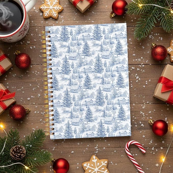 VIIJJUE Blue and White Chinoiserie Christmas Farmhouse Notebook for Women, Vintage French Country Toile de Jouy Journal, Xmas Tree Winter Hardcover Spiral Notebooks, 5.5x8.3 Inch