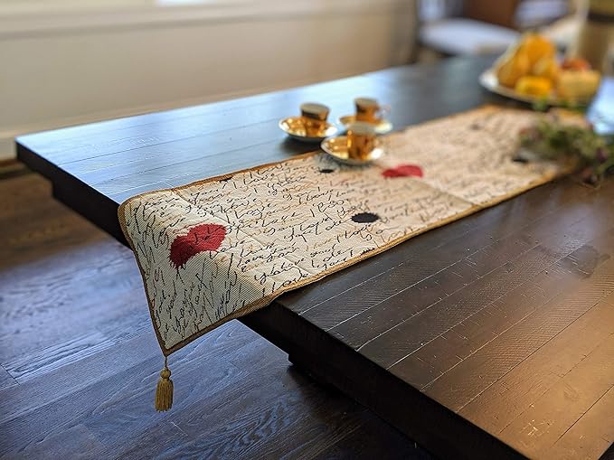 Tache Romantic Cursive Handwritten Love Letter Valentine Hearts Beige Table Runner - Vintage Farmhouse Woven Tapestry Kitchen Dining Dinner Linen Napery Cloth - 13 x 72 inches
