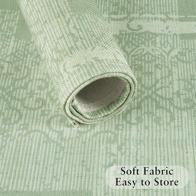 LilyCat Linen Fabric Floral Placemats, Green Stripes Durable Boho Dining Table Mats for Kitchen, Rustic Vintage Washable Place Mats Set of 6, 18’’× 12’’