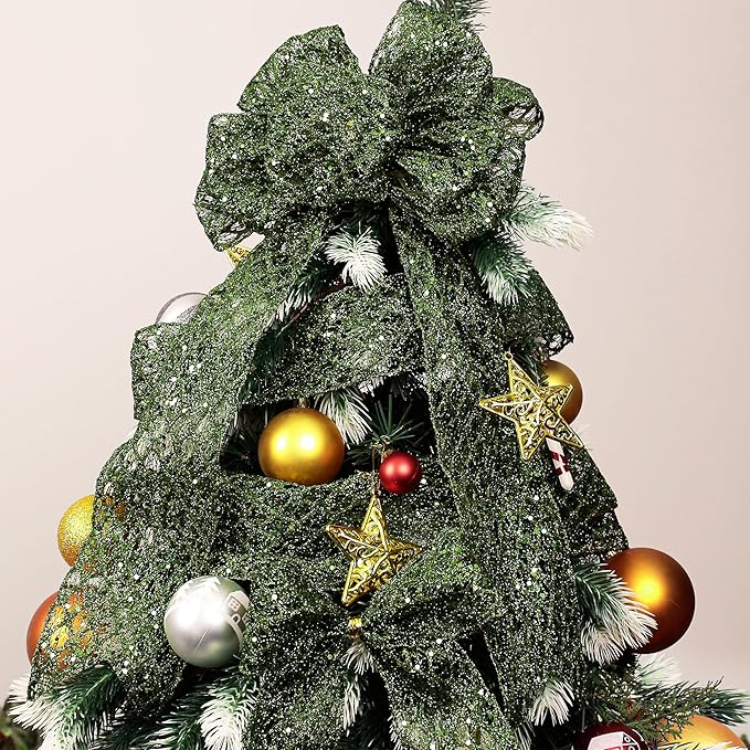 VATIN 6" Moss Green Christmas Ribbon, Green Glitter Mesh Diamond Web Sequin Dots Wired Christmas Ribbon for Gift Wrapping Bow Making Wreath Supply-10 Yards