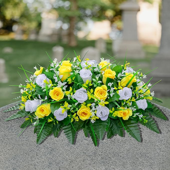 Artificial Cemetery Flowers Saddle-Shaped Tombstone Decorations Non-Fading UV-Resistant（Yellow and white saddle ）