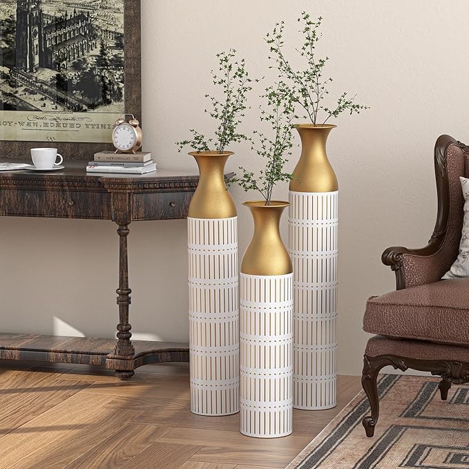 Tall Floor Vase Set of 3 - Large Vintage Modern Oversized Metal Vases for Decor Living Room, Gold Decorative for Corner Hallway