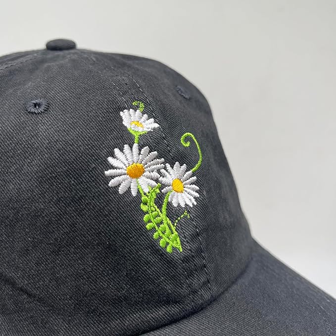Cute Flower Hat, Elegant Floral Embroidered Adjustable Baseball Cap for Men Women, Gifts for Flower Lovers, Black