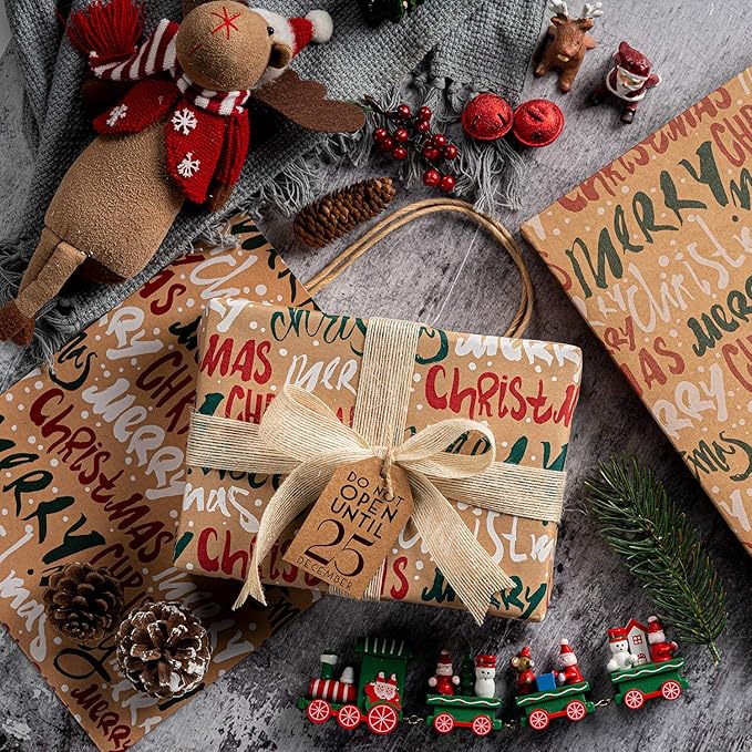 RUSPEPA Wrapping Paper, Kraft Paper - Snowflakes, Car and Christmas Tree, Stripes and Merry Christmas - 4 Rolls - 30 inches x 10 feet per Roll