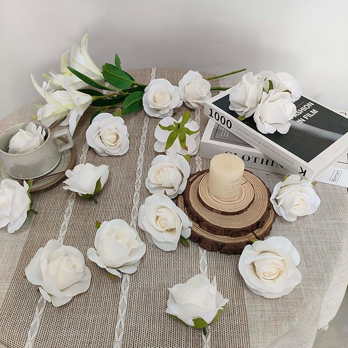 Artificial Satin Rose Flower Heads,42 Pcs Silk Rose Heads with Stems,3.5'' Rose Artificial Flowers Bulk,Artificial Rose Flower Heads for DIY Crafts Bouquet (42, White)