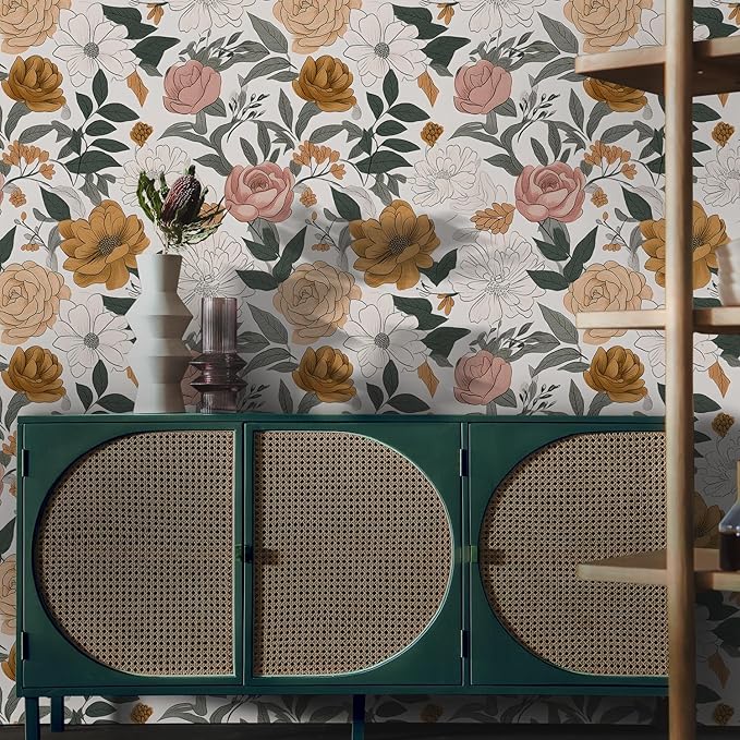Vintage Peel and Stick Wallpaper,Boho Wall Paper Stick on Bcacksplash,17.3"x118" Contact Wallpapers,Wildflowers Botanical Papers,Removable&Renter Friendly Bright Floral Paper(1 Roll)