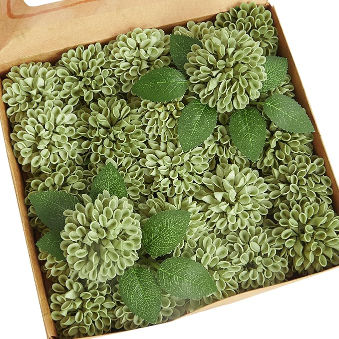 Artificial Flowers, 100pcs Artificial Rose for DIY Wedding Bouquets Centerpieces Arrangements, Elf Green Dahlia Flowers with Stem for Bridal Shower Party Home Decorations