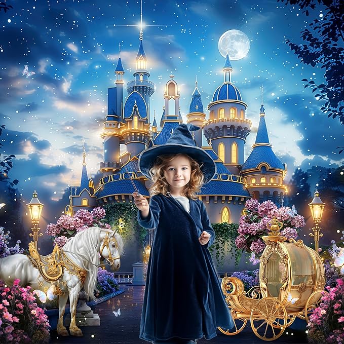 Riyidecor Princess Castle Backdrop Polyester Fabric Garden Floral Starry Night Horse Carriage 8Wx6H Feet Fairy Tale Wonderland Photography Background Wedding Birthday Photo Studio Shoot