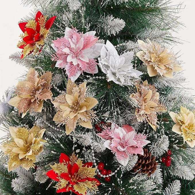 Zhuqing 15Pcs Christmas Poinsettia Artificial Flowers Decorations, Glitter Poinsettia Christmas Tree Ornaments, Gold Tree Flowers for Xmas/Wedding/Holiday/Wreath/Garland Decor, with Cilps, 5.5 Inch