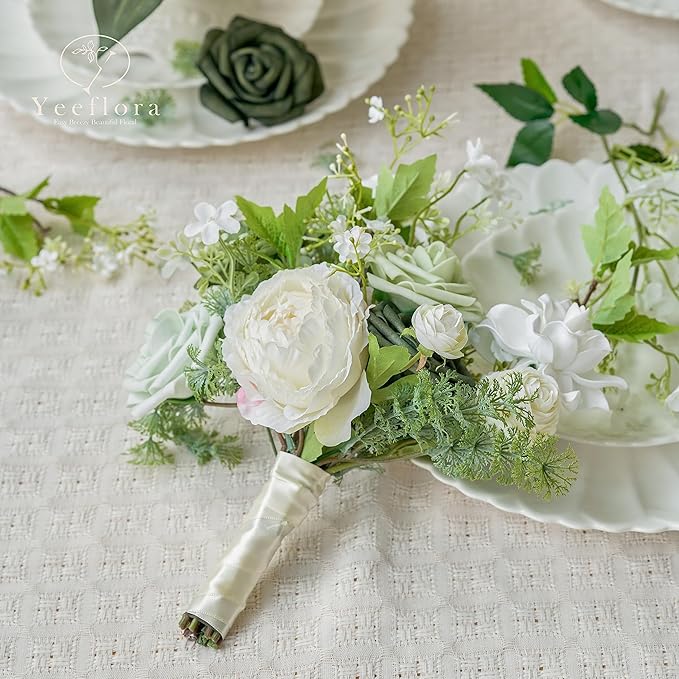 Artificial Flowers, 25pcs Artificial Rose for DIY Wedding Bouquets Centerpieces Arrangements, Sage Green and White Foam Flowers with Stem for Bridal Shower Party Home Decorations
