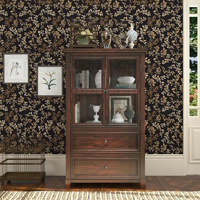 Dark Floral Peel and Stick Wallpaper, Vintage Gold Leaf Self-Adhesive Contact Paper for Bedroom Stair Shelves Drawer, Modern Black Yellow Gold Vinyl Removable Wallpapers 17.5In x 9.8Ft