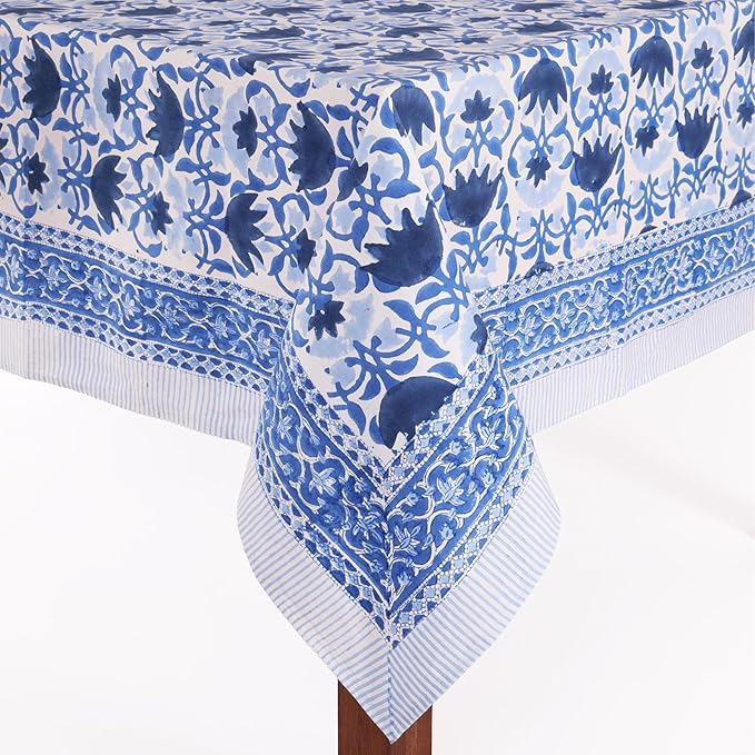 ATOSII Positano Blue 100% Cotton Rectangle Fall Tablecloth, Handblock Floral Linen Table Cloth for Kitchen Dining Table I Tabletop I Parties Wedding Christmas Thanksgiving I Fall Decor 60 X 90 Inches