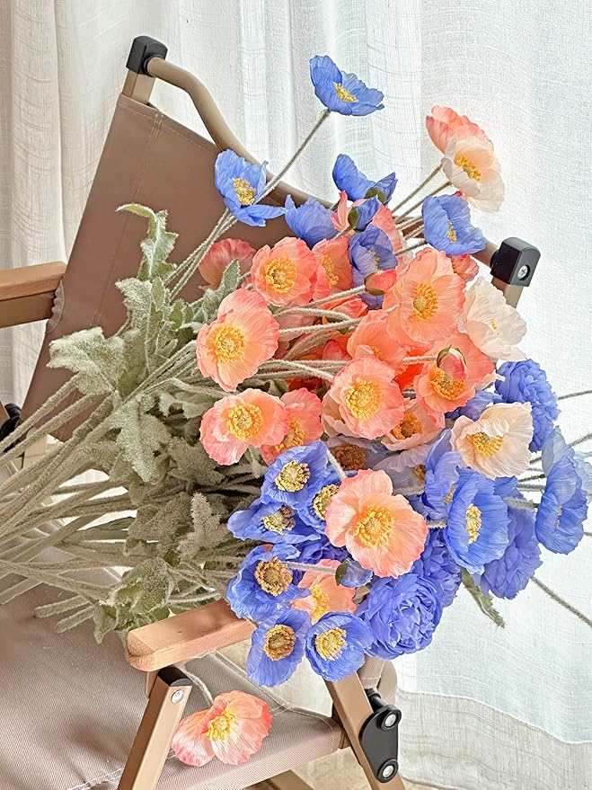 Set of 6 Poppies Flowers Artificial, Real Touch Silk Flowers with Long Stems for Vase, Realistic Faux Wildflowers Arrangement for Home Office Farmhouse Wedding Party Indoor Decor (Dark Blue)