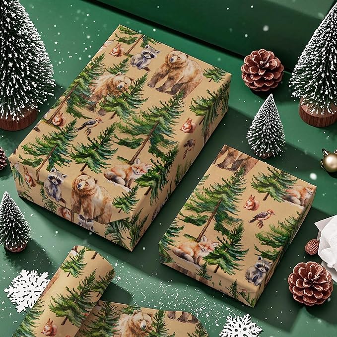 WRAPAHOLIC 30 Inch Kraft Christmas Wrapping Paper - 30 Inch x 33 Feet - Wild Animal Winterfall Watercolor and Christmas Tree Wrapping Paper Perfect for Holiday, Party Celebration