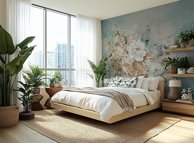 Vintage Floral Wall Mural – Large White Peony Bloom on Blue Background, Removable Peel and Stick Wallpaper for Dining Room, Living Room, or Bedroom Decor