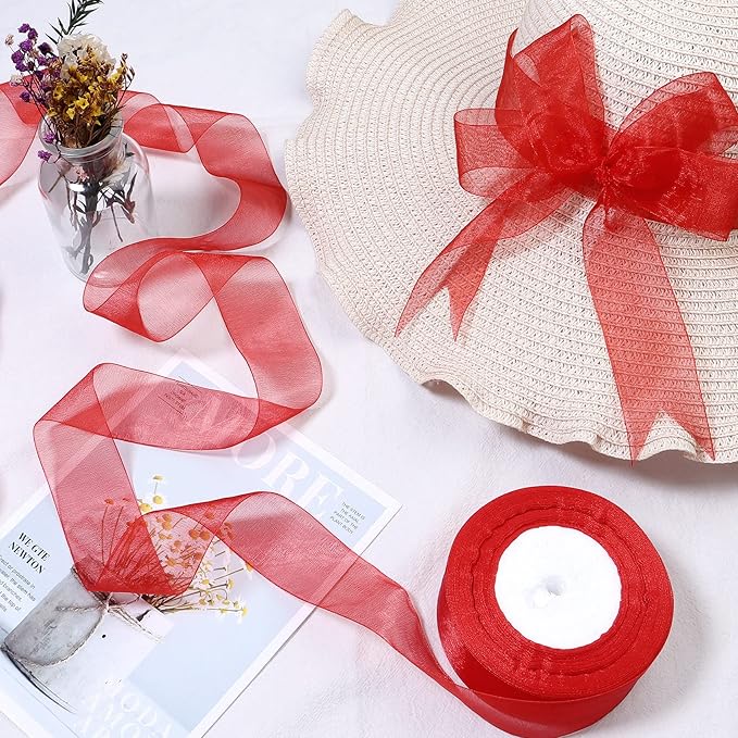 1.5 inch Sheer Organza Ribbon Red Chiffon Ribbon for Gift Wrapping Christmas Halloween Decoration Wedding Bouquet Crafts 50 Yards