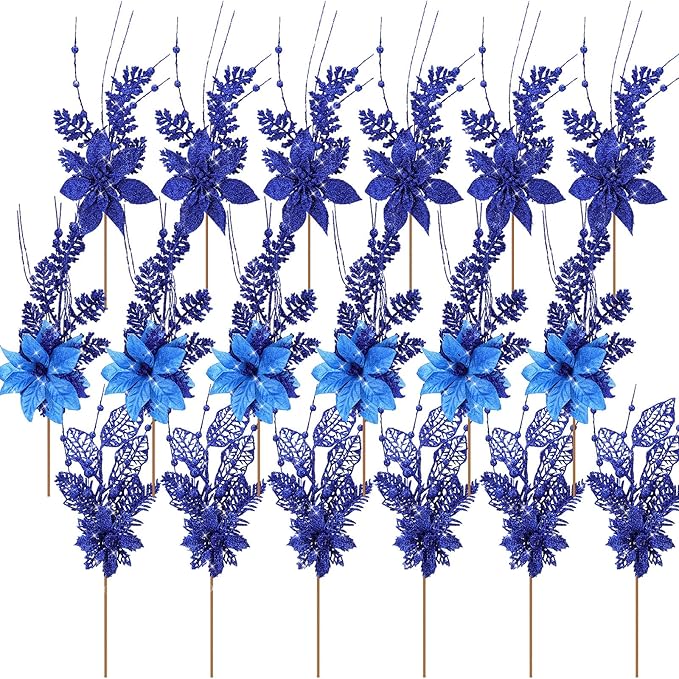 18 Pack 3 Styles 17 Inch Christmas Glitter Poinsettia Berry Stems Ornaments Artificial Floral Branches Picks for Christmas Tree Home Vase Holiday Party Decor(Royal Blue)