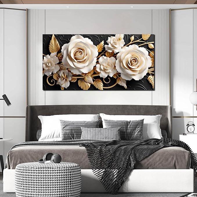 Flower Large Canvas Wall Art for Living Room Bedroom Home Office White and Gold Wall Art Blossom Picture Framed Wall Decor Modern Canvas Prints 24x48 In