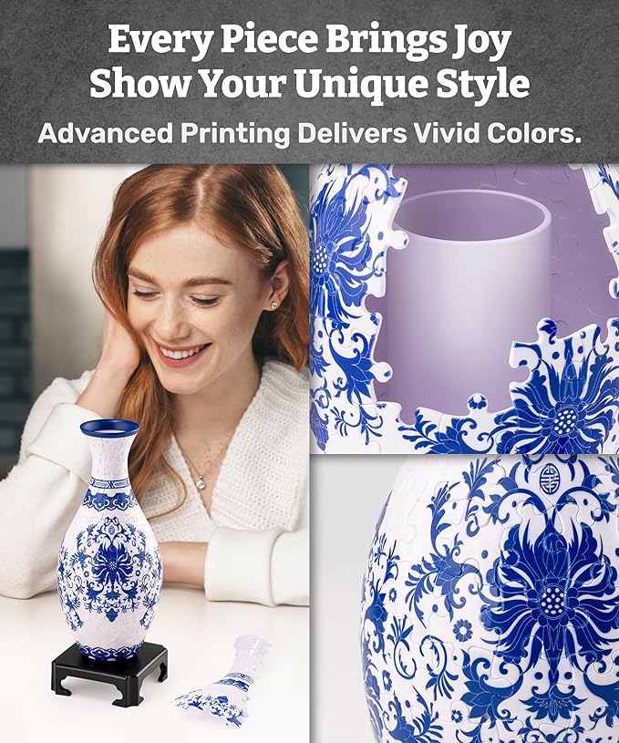 Pintoo 3D Puzzle Vase Unique Flower Vase Made by 160 Curved Plastic Puzzle Pieces House Warming Gift for Flower Arrangements and Home Decoration - [S1032] (Classic, Indigo Age)