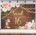 SVBright Sweet 16 Backdrop 7Wx5H Western Cowgirl Happy Birthday Rustic Country Wood Plank Pink White Floral Flower Rose Retro Boots Hat Decorations Photography Background Banner Photo Booth Studio
