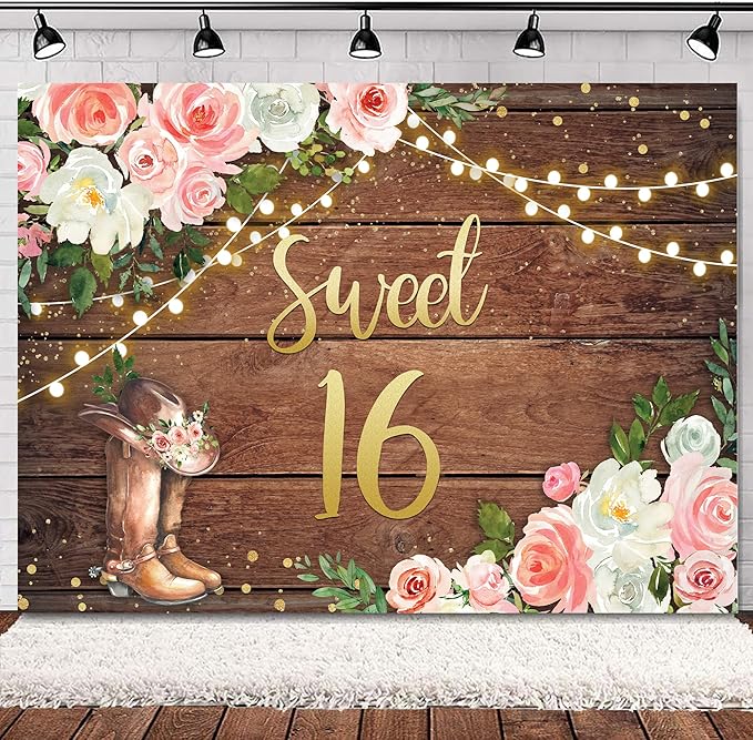 SVBright Sweet 16 Backdrop 7Wx5H Western Cowgirl Happy Birthday Rustic Country Wood Plank Pink White Floral Flower Rose Retro Boots Hat Decorations Photography Background Banner Photo Booth Studio