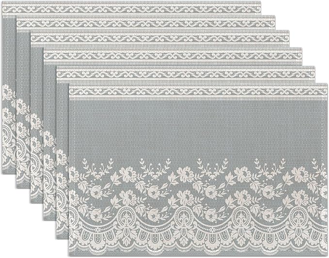 Lace Flower Placemats Set of 6,Washable Heat Resistant 12×18 Inch Linen Table Mats White Gray Place Mats for Party Outdoor Dining Décor