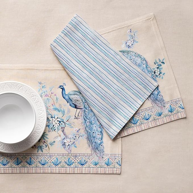 Maison d' Hermine Placemats 100% Combed Cotton Premium Set of 4 Decorative Table Cloth Placemat, Dining, Holidays, Buffet Party - Peacock Utopia - Sandy Beach (13 Inch x 19 Inch)