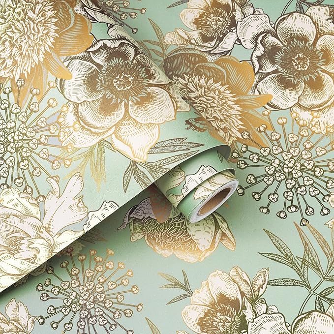 Decotalk Peel and Stick Floral Wallpaper Green Floral Flower Wallpaper Removable17.5x354 Inch Floral Wallpaper for Bedroom Bathroom Wall Green and Gold Vintage Floral Wallpaper Contact Paper Floral