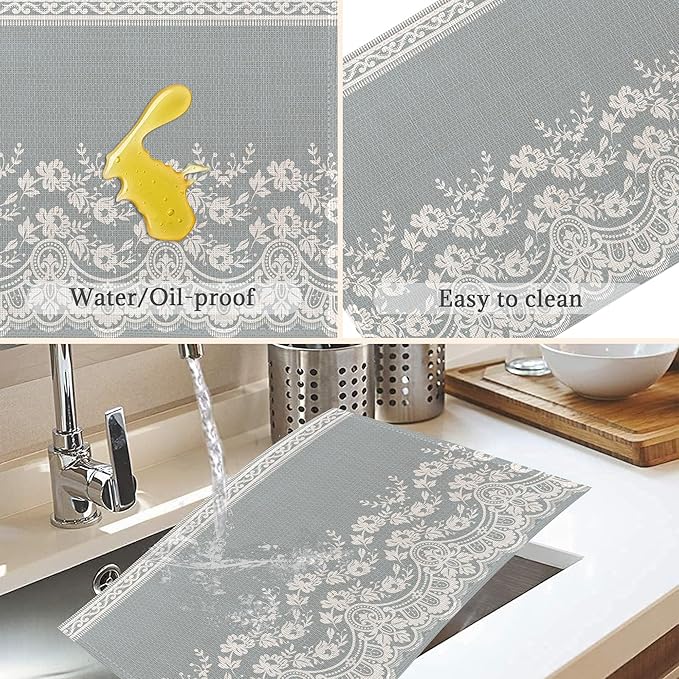 Lace Flower Placemats Set of 6,Washable Heat Resistant 12×18 Inch Linen Table Mats White Gray Place Mats for Party Outdoor Dining Décor