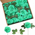 Artificial Flower Foam Rose 25pcs Real Looking Fake Rose with Stems Leaves for Home Decoration Party Garden Centerpieces DIY Wedding Bouquets（Tiffany）