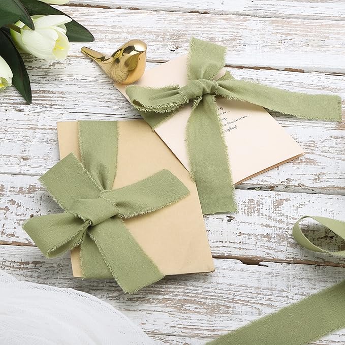 Sage Green Ribbon 1-1/2 x 15 Yards Handmade Cotton Frayed Fringe Fabric Ribbons for Crafts Flower Bouquets Wedding Baby Shower Home DIY Decor