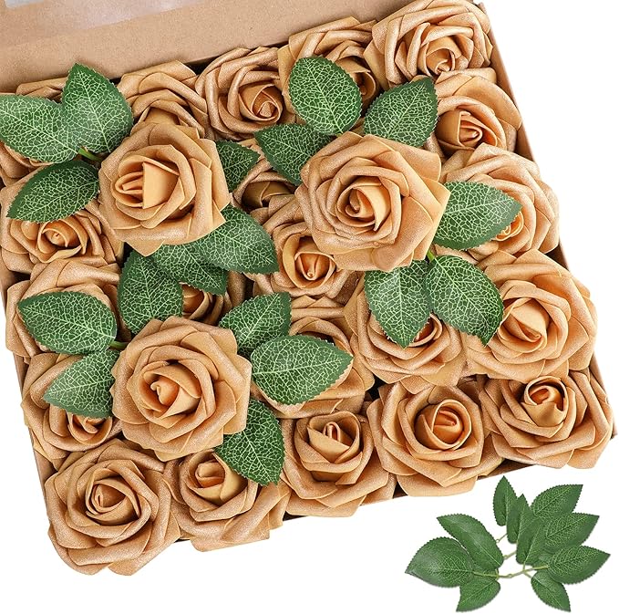 AmyHomie Artificial Flower Gold Rose 25pcs Real Looking Fake Roses w/Stem for DIY Wedding Bouquets Centerpieces Arrangements Party Baby Shower Valentines Day Christmas Tree Decorations
