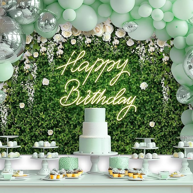 Riyidecor Happy Birthday Backdrop for Women Neon Flower Wall White Rose Green Leaves Floral Blossom Botanical Plant 7Wx5H Feet Nature Photography Background Girls Photo Studio Shoot Polyester Fabric