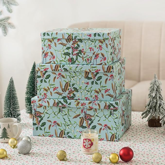Soul & Lane Winter Berries Cardboard Boxes - Set of 3: Decorative Storage Boxes with Lids, Paper Mache Cardboard Nesting Containers, Christmas Winter Photo Cartons, Stacking Gift Wrap Storage