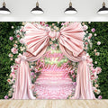 Riyidecor Happy Birthday Backdrop Polyester Fabric Pink Bow Floral Green Leaves Botanical Plant Nature Blossom Neon Flower Wall 7Wx5H Feet Girls Photography Background Birthday Photo Studio Shoot