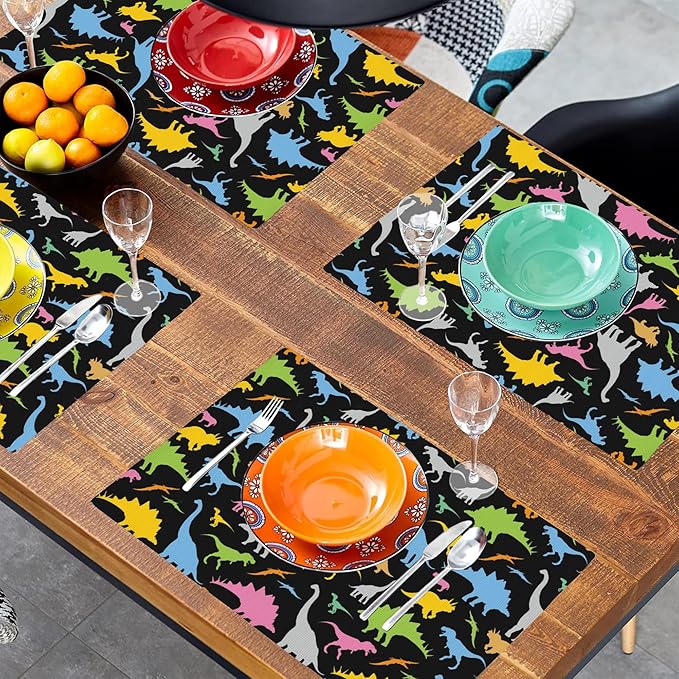 Colorful Dinosaur Placemats Set of 4, 12x18 Inch Non-Slip Washable Heat Resistant Linen Fabric Table Mats,Place Mats for Holiday Party