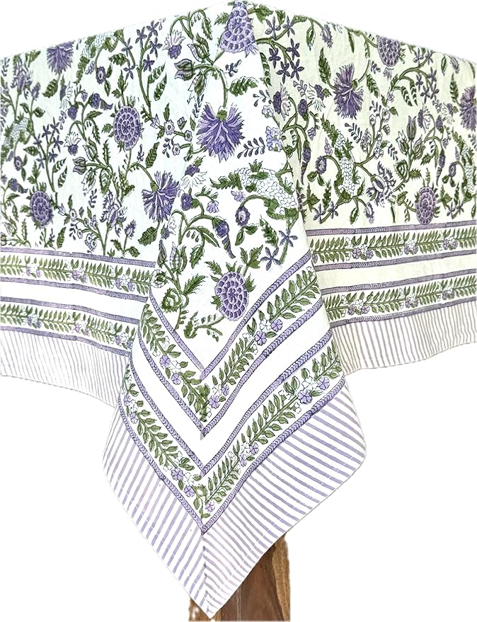 ATOSII Mahoka 100% Cotton Rectangle Fall Tablecloth, Handblock Floral Linen Table Cloth for Kitchen Dining Table I Parties Wedding Christmas Thanksgiving I Fall Home Decor 60 X 108 Inches I 8 Seater